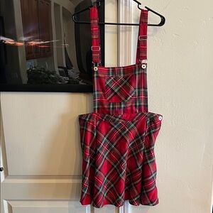 Womens XL Bongo Red plaid overalls pleated skirt